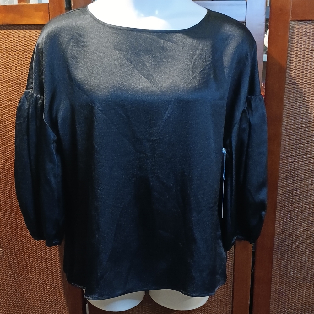 Worthington Black Puff Sleeve Blouse Relaxed Fit